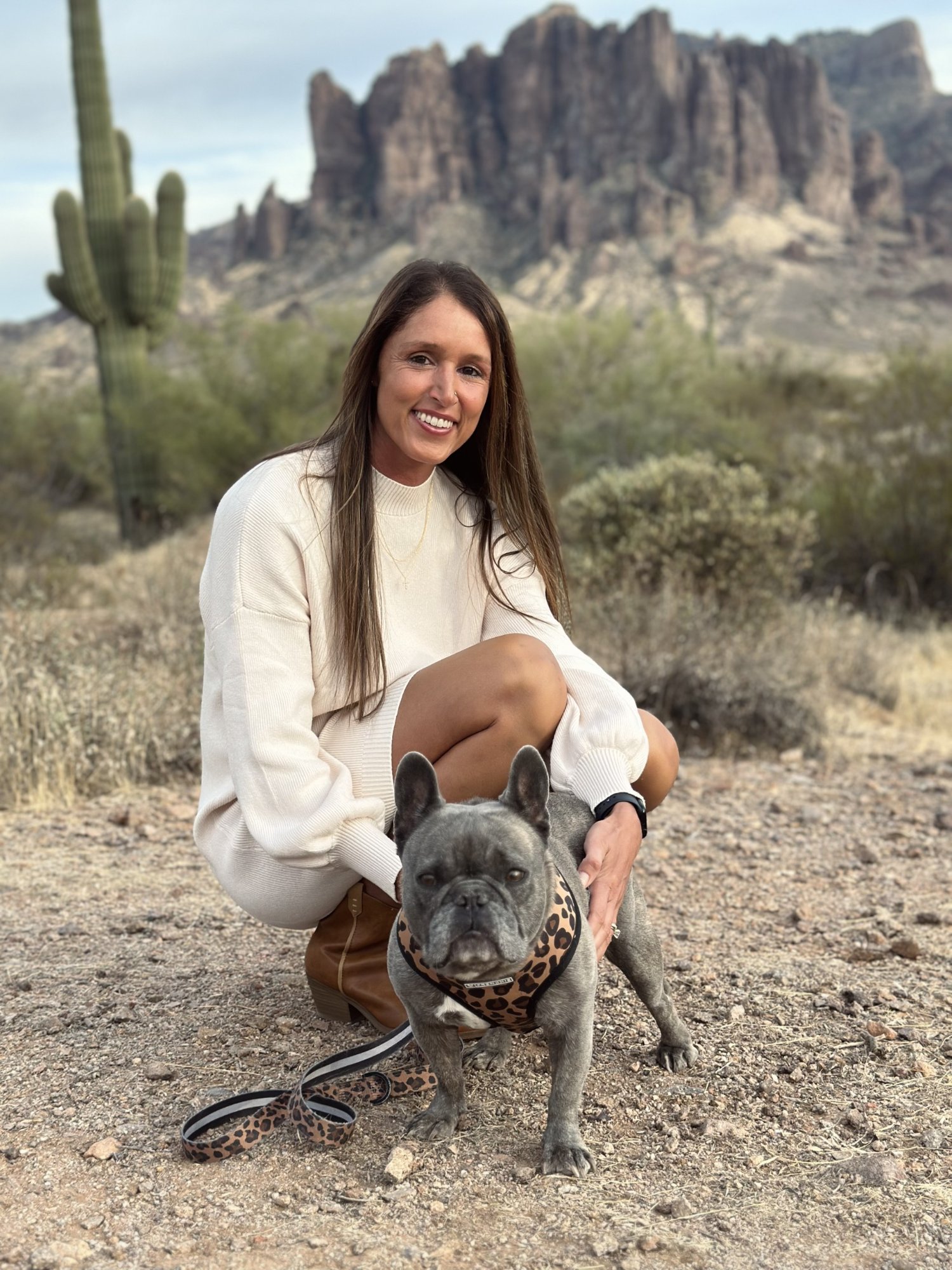 Jen and Tula the French Bulldog in the Arizona desert near Queen Creek - Desert Paws AZ